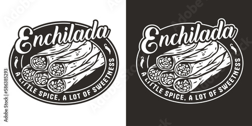 Enchilada vector with meat and rolled tortilla for logo or emblem. Mexico enchilada latin food. Traditional mexican food for poster or banner