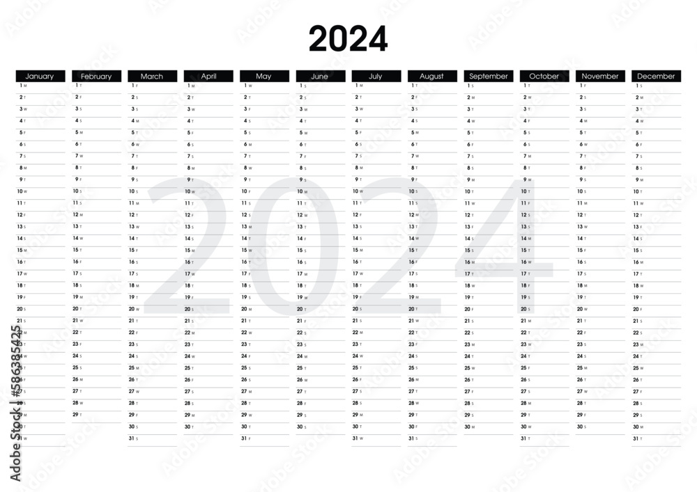 2024 Wall planner. Black and white yearly calendar, vector design