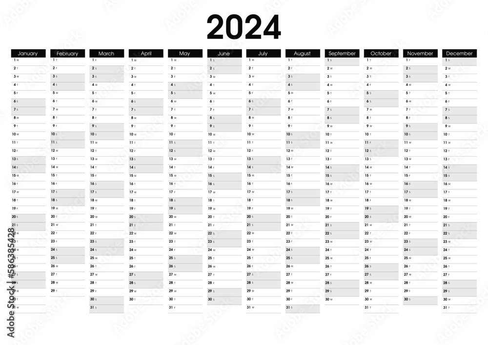 2024 Yearly wall planner. Black and white calendar vector design
