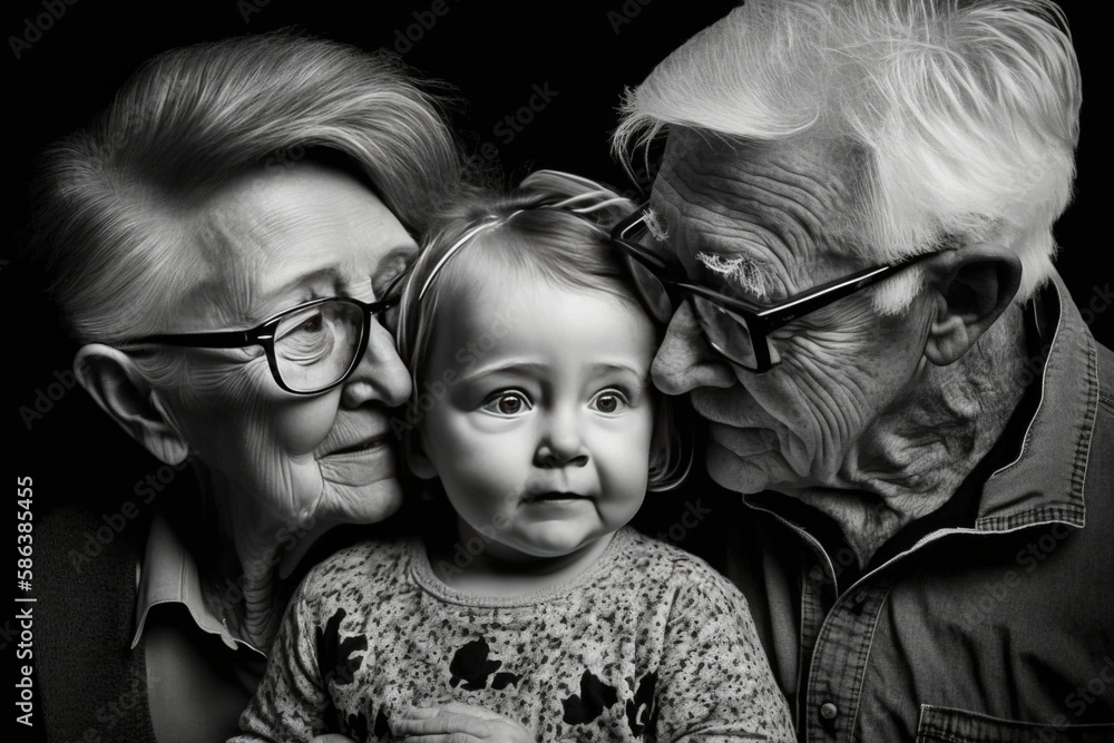 grandparents holding their grandson, black and white illustration created with Generative AI technology grandparents holding their grandson, black and white illustration created with Generative AI technology