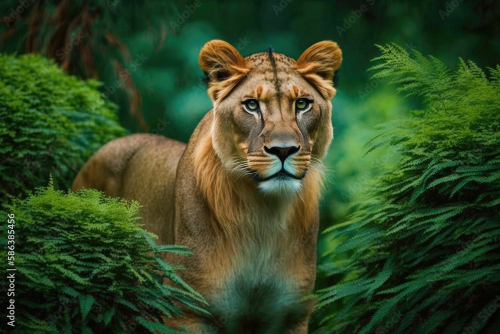 Naklejka premium a lioness between big green bushes, looks very lifelike created with Generative AI technology