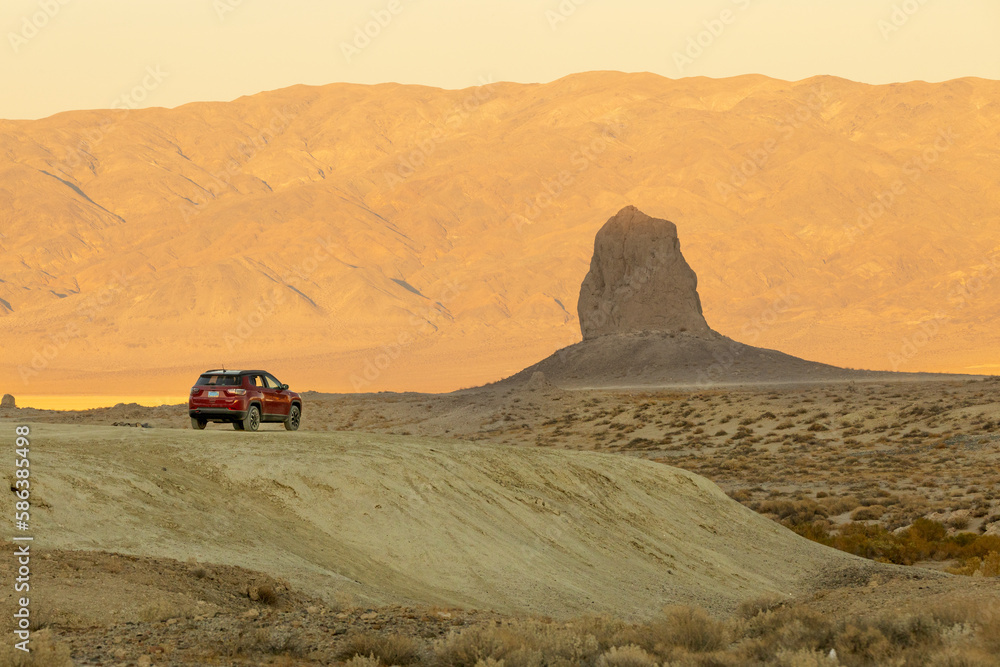 Jeep overlooking the desert - Trona Pinnacles Jeep overlooking the desert - Trona Pinnacles