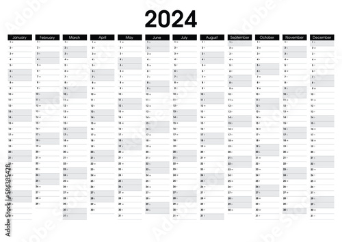 2024 Yearly wall planner. Black and white calendar vector design template with holidays. Sunday, Saturday highlighted. Horizontal annual worldwide printable planner.  photo