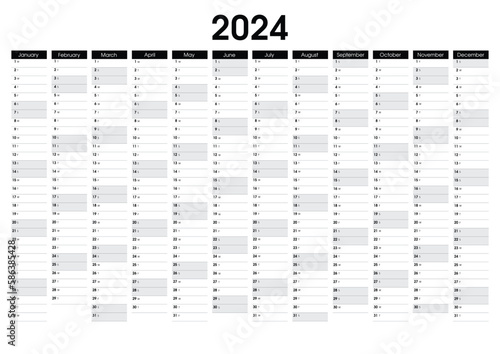 2024 Yearly wall planner. Black and white calendar vector design template with holidays. Sunday, Saturday highlighted. Horizontal annual worldwide printable planner. 