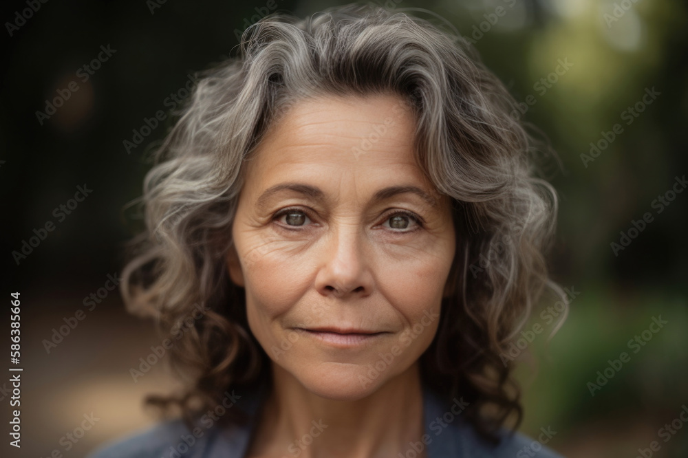 an elderly woman with wrinkles on her face and wavy hair created with Generative AI technology