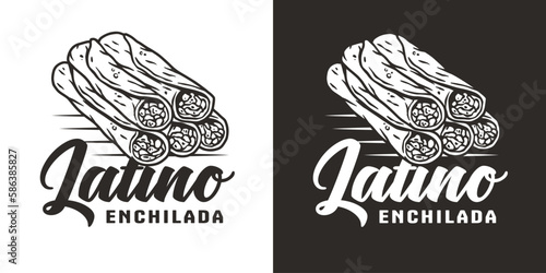 Enchilada vector with meat and rolled tortilla for logo or emblem. Mexico enchilada latin food. Traditional mexican food for poster or banner