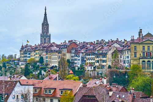 Historical part of city Bern with high bell tower of Cathedral, Switzerland photo