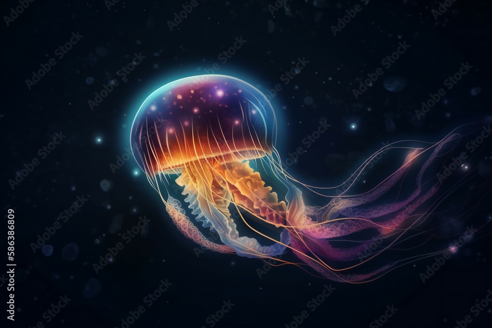 Colorful jellyfish swimming in a dark background, generative AI Colorful jellyfish swimming in a dark background, generative AI