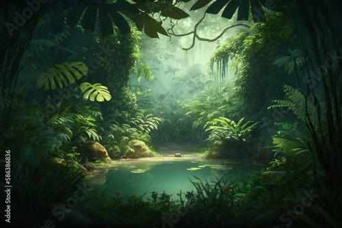 Illustration of a lush green jungle wallpaper  generative AI