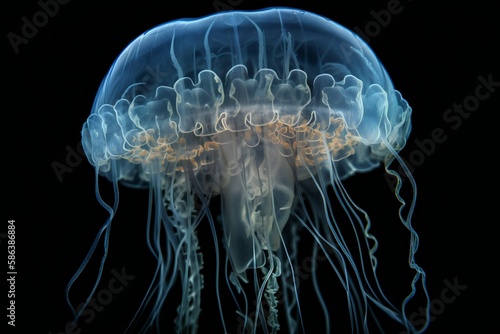 Glowing transparent jellyfish swimming in a dark background, generative AI