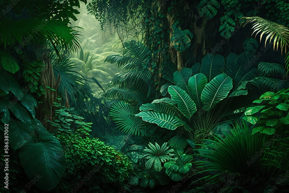 Illustration of a lush green jungle wallpaper, generative AI ilustração do  Stock