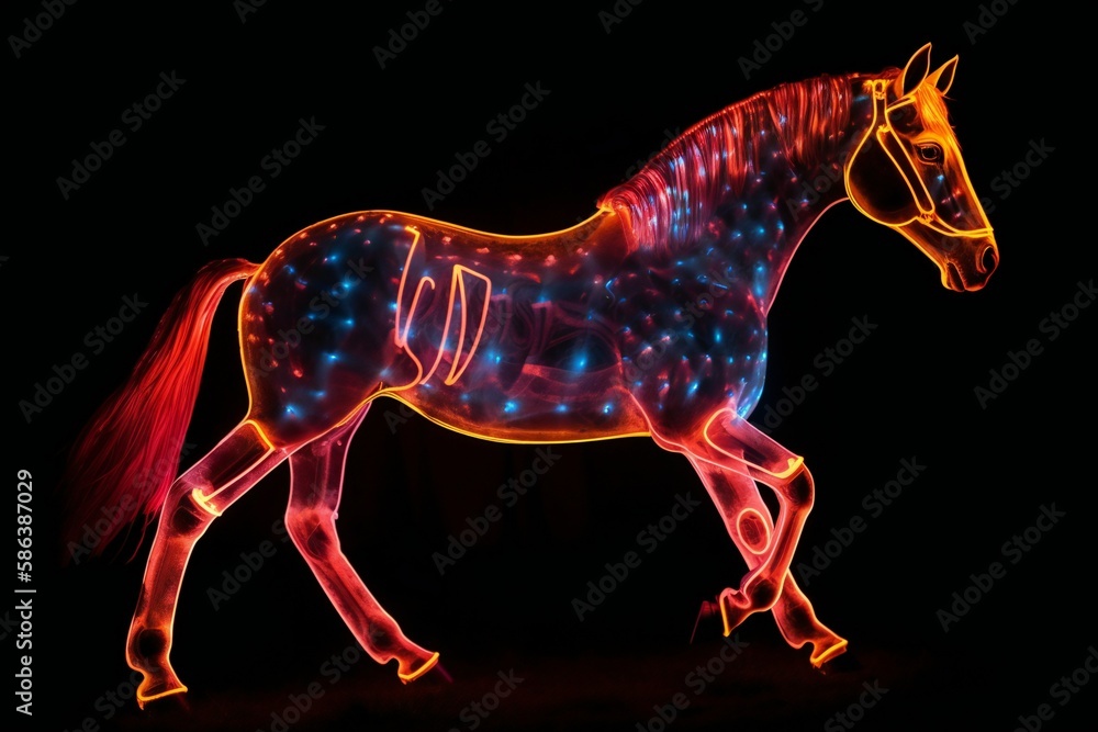 Walking horse glowing with orange neon light on black background, generative AI