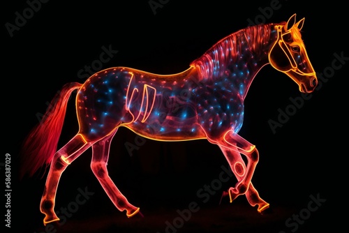 Walking horse glowing with orange neon light on black background, generative AI © MartinG