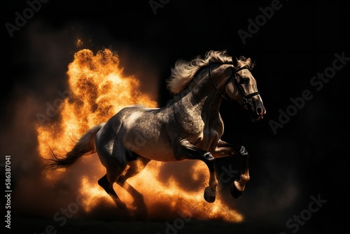 Brown horse jumping over fire  generative AI