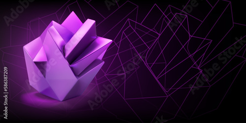 Abstract background with a purple low-poly 3d object in the form of a polyhedron and a outlines of geometric shapes on a dark background