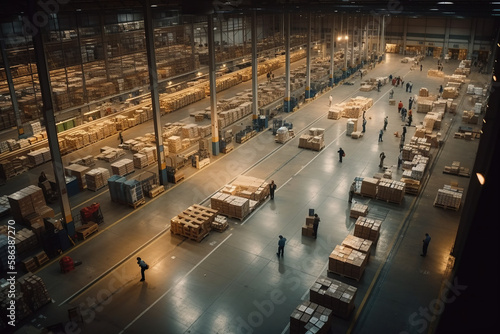  Warehouse Operations. A bird's eye view of a bustling warehouse with workers efficiently moving goods and managing inventory. Logistics and supply chain management concept. AI Generative