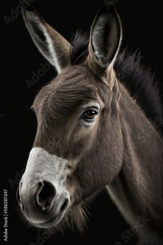 Generative AI. Portrait of young donkey  grey and brown. Farm animal.