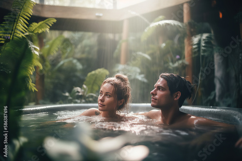 Romantic Spa Getaway. A couple enjoying a relaxing hydrotherapy bath surrounded by lush plants and an interior garden. Serene and intimate atmosphere. Wellness and relaxation concept. AI Generative photo