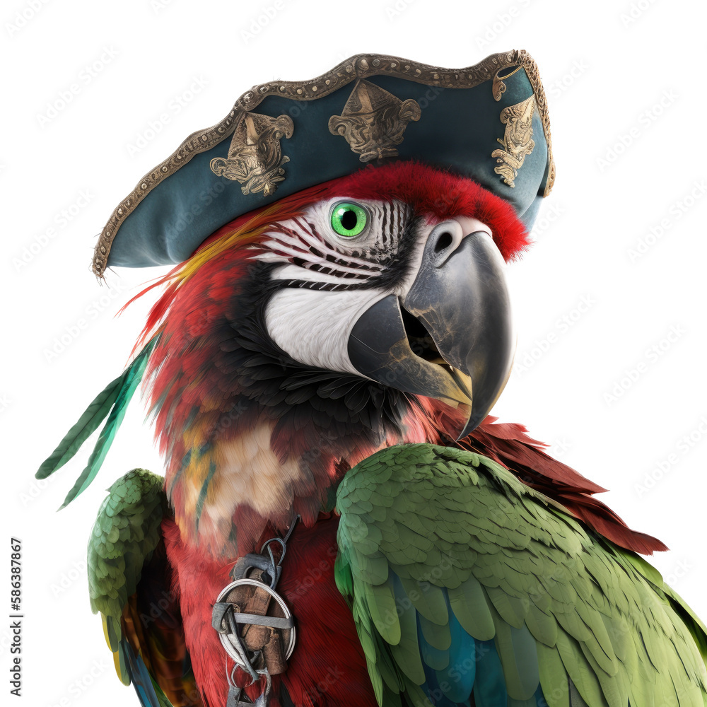 a pirate-themed photographic illustration of a green and red macaw parrot bird wearing a pirate hat in character on a transparent background in PNG. T-shirt design. Generative AI
