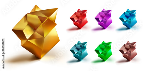 Set of low poly 3d shapes as a abstract polyhedrons with a shadow on a white background