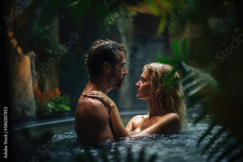 Romantic Spa Getaway. A couple enjoying a relaxing hydrotherapy bath surrounded by lush plants and an interior garden. Serene and intimate atmosphere. Wellness and relaxation concept. AI Generative