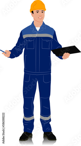 Hand drawn worker with a helmet. A worker holding a clipboard. Vector flat style illustration isolated on white. Full length view	