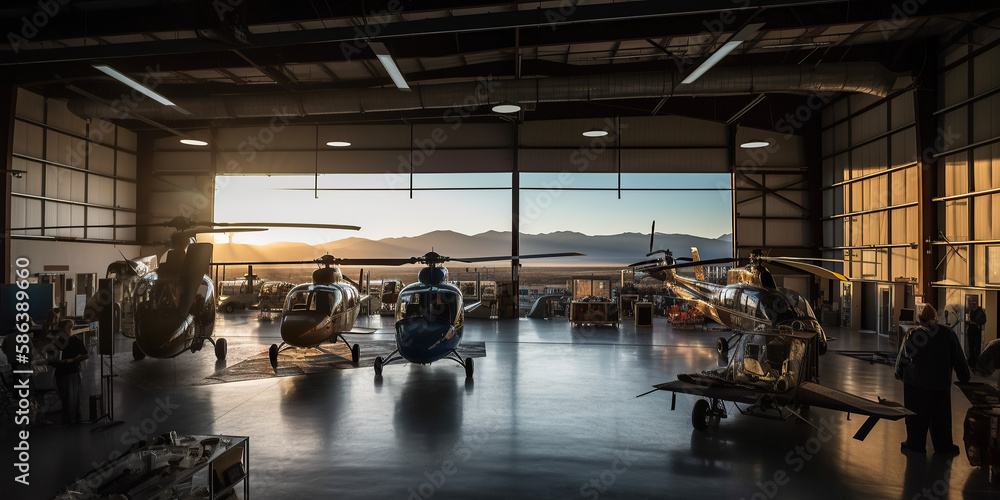 Inside the Aviation Hangar: The Bustling World of Helicopters and Aircraft, The High-Flying World of Helicopters: Technology and Engineering in Aviation Hangars - AI Generative