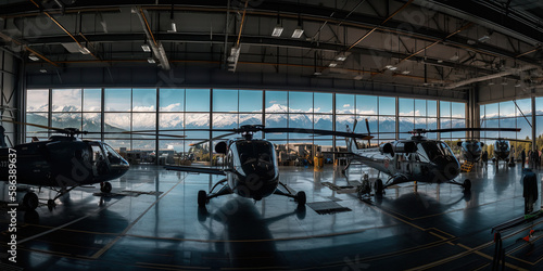Inside the Aviation Hangar: The Bustling World of Helicopters and Aircraft, The High-Flying World of Helicopters: Technology and Engineering in Aviation Hangars - AI Generative