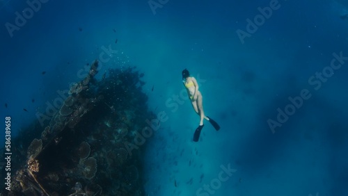 Woman dives near the shipwreck with corals in a tropical sea in the Maldives