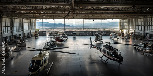 Inside the Aviation Hangar: The Bustling World of Helicopters and Aircraft, The High-Flying World of Helicopters: Technology and Engineering in Aviation Hangars - AI Generative © Mr. Bolota