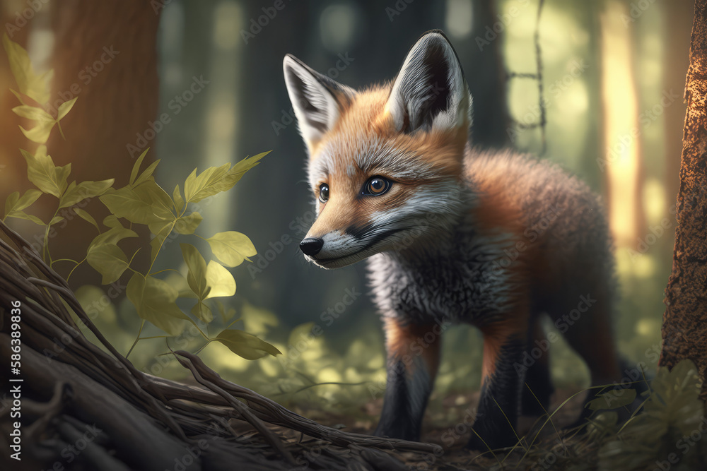Obraz premium baby red fox in the forest - made with generative ai