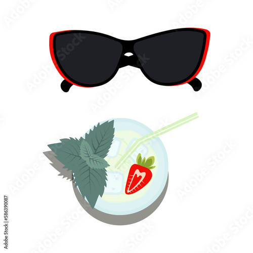 Set of sunglasses, glass with mojito cocktail with strawberry, mint leaves, straw and ice cubes. EPS