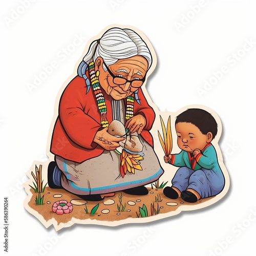 sticker of Grandmother and grandson planting seeds 