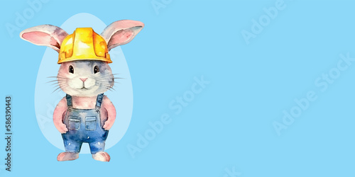Easter greeting card template with a cute bunny as a builder in a protective helmet. Watercolor style vector illustration. © Anna