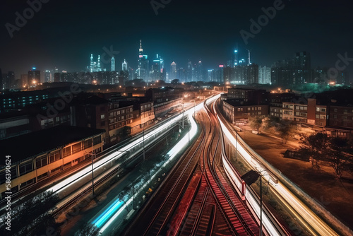 City Lights. Night timelapse of vibrant cityscape lights with traffic trails, showcasing the energy and liveliness of urban environments. Cityscape and motion concept. AI Generative