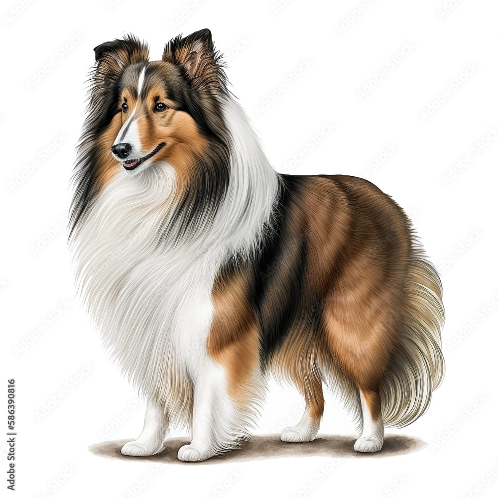 Illustration of a dog breed sheltie on a white background, in full body in a realistic style