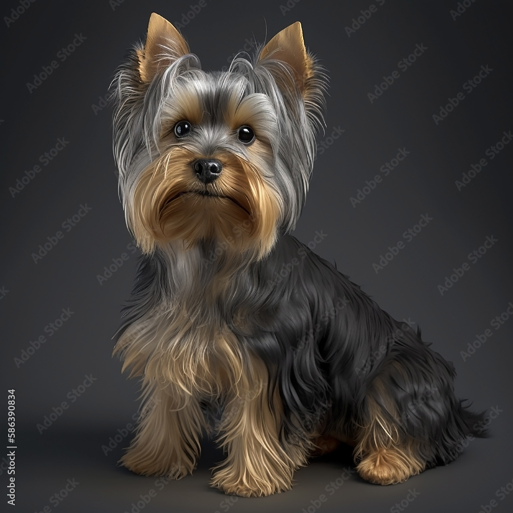Illustration of a dog breed yorkshire terrier on a dark background, in full body in a realistic style