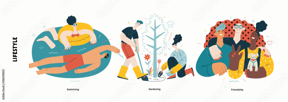 Lifestyle series - modern flat vector illustration of Friendship, Gardening - planting a tree, Swimming. People activities methapors and hobbies concept