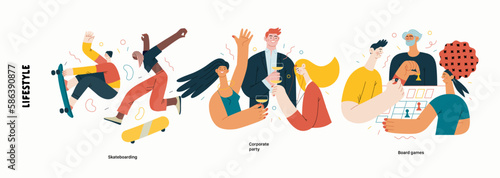Lifestyle series - modern flat vector illustration of Corporate party, Skating, Board games with friends. People activities methapors and hobbies concept