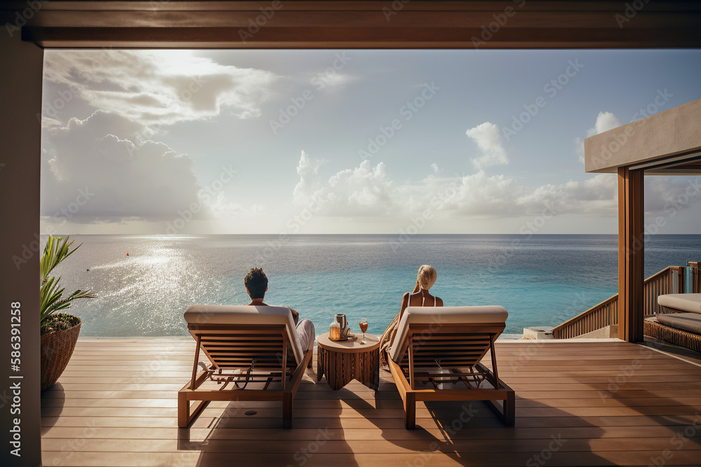 Romantic Outdoor Living. Embrace a stylish and comfortable lifestyle with a couple lounging on the terrace bed of a luxury house overlooking the beach. Vacation concept. AI Generative