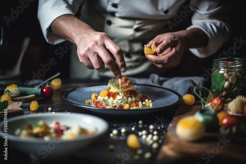 Fotografiet Gourmet Professional chef prepares a tasty and visually stunning dish on a plate, showcasing the artistry and skill of Michelin-starred restaurant cuisine