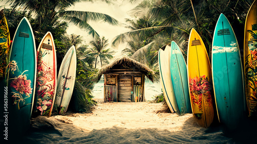 A tropical island paradise with a row of vibrant surfboards by the beach