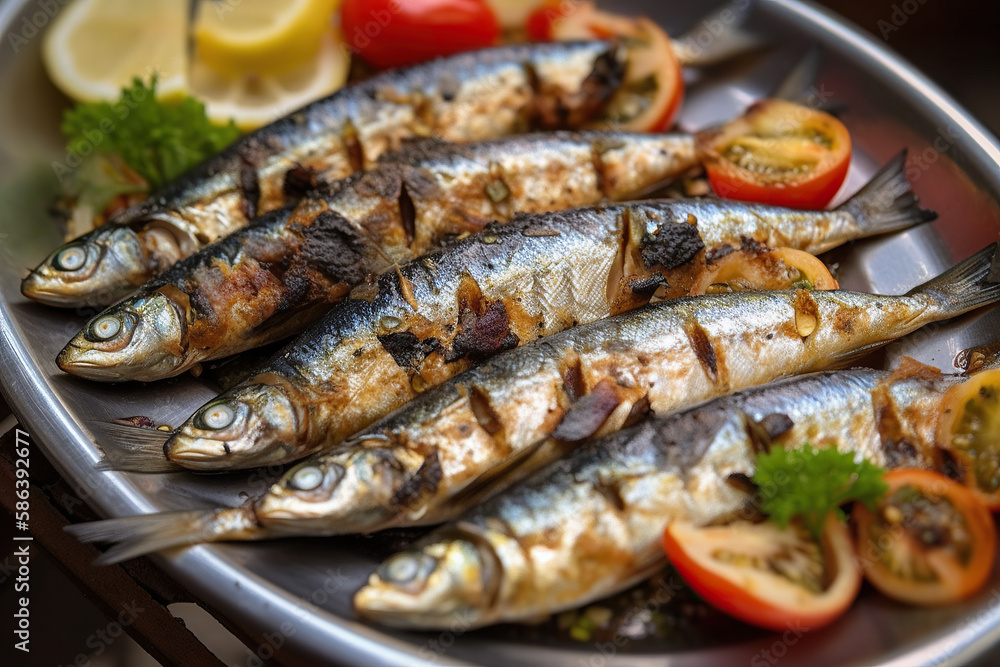 A Delicious Traditional Portuguese Dish: Grilled Sardines with Peppers, Bread and Olive Oil - Perfect for Popular Festivals and Saints Celebrations in Portugal AI Generative A Delicious Traditional Portuguese Dish: Grilled Sardines with Peppers, Bread and Olive Oil - Perfect for Popular Festivals and Saints Celebrations in Portugal AI Generative