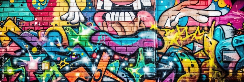 Vibrant colors come alive in this street art mural, expressing the artists creativity through a mix of text and graffiti. Full Frame, Generative AI Vibrant colors come alive in this street art mural, expressing the artists creativity through a mix of text and graffiti. Full Frame, Generative AI