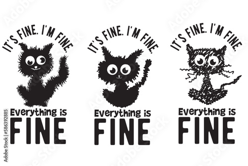 It is Fine I am Fine Everything is Fine, It is Fine, I am Fine, Everything is Fine, I am fine Cat, Electrocuted Cat, Black Cat, Electrocuted Cat, Crazy Cat