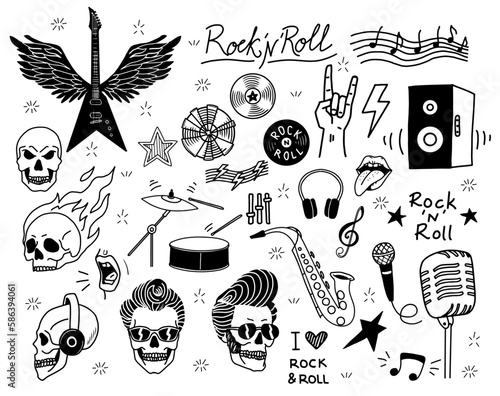 Rock n roll stickers set. Punk music collection. Skulls, electric guitar, headphones and gesture hand. Drums, saxophone and microphone. Cartoon flat vector illustrations isolated on white background photo