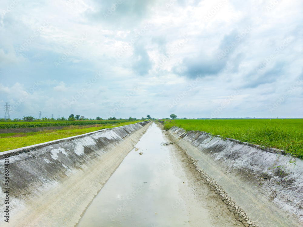 landscape photos of river views, rice fields, and cloudy skies, using leading lines composition