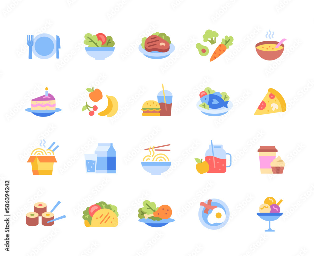 Set of colorful food icons. Collection of dishes. Ice cream ball, fruit, soup with vegetables. Fish and chicken, sandwich, bacon and egg. Cartoon flat vector illustrations isolated on white background