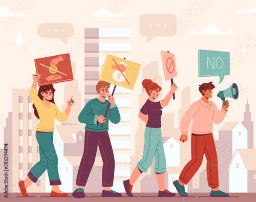 Protest corruption concept. Men and women walk through city with placards with crossed out money symbol. Rally against financial crimes of state and officials. Cartoon flat vector illustration