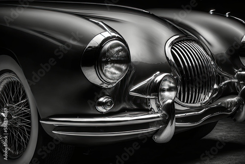 the front of an old car in black white, big long hood and rim with many spokes created with Generative AI technology